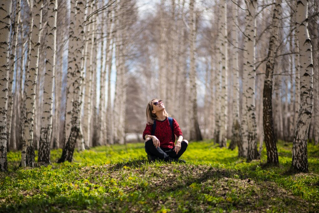 A woman sits peacefully in a sunlit birch tree forest, enjoying nature's serenity.