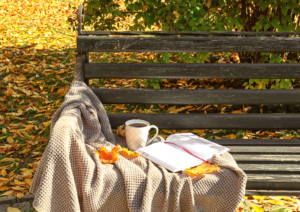 14 a relaxing scene with a park bench a blanket a cup of coffee and a diary