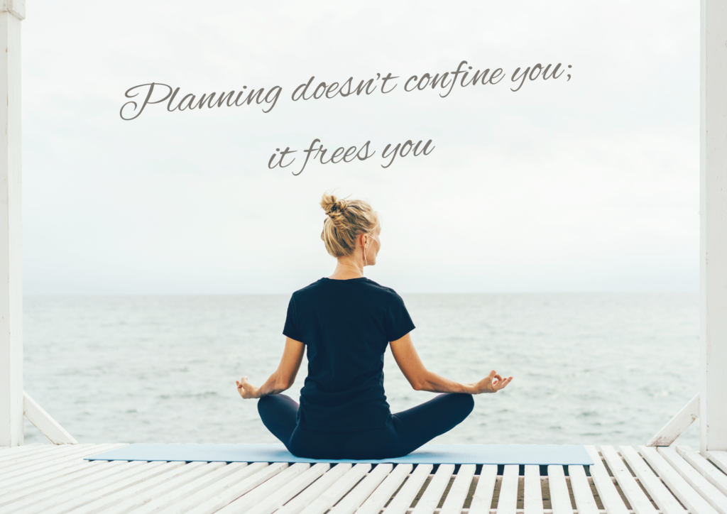 21 woman doin yoga looking at the ocean captioned create space for clarity balance and peace with intentional living