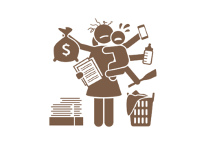40 cartoon drawing of woman multitasking and looking stressed - relaying the downsides of not planning with intention